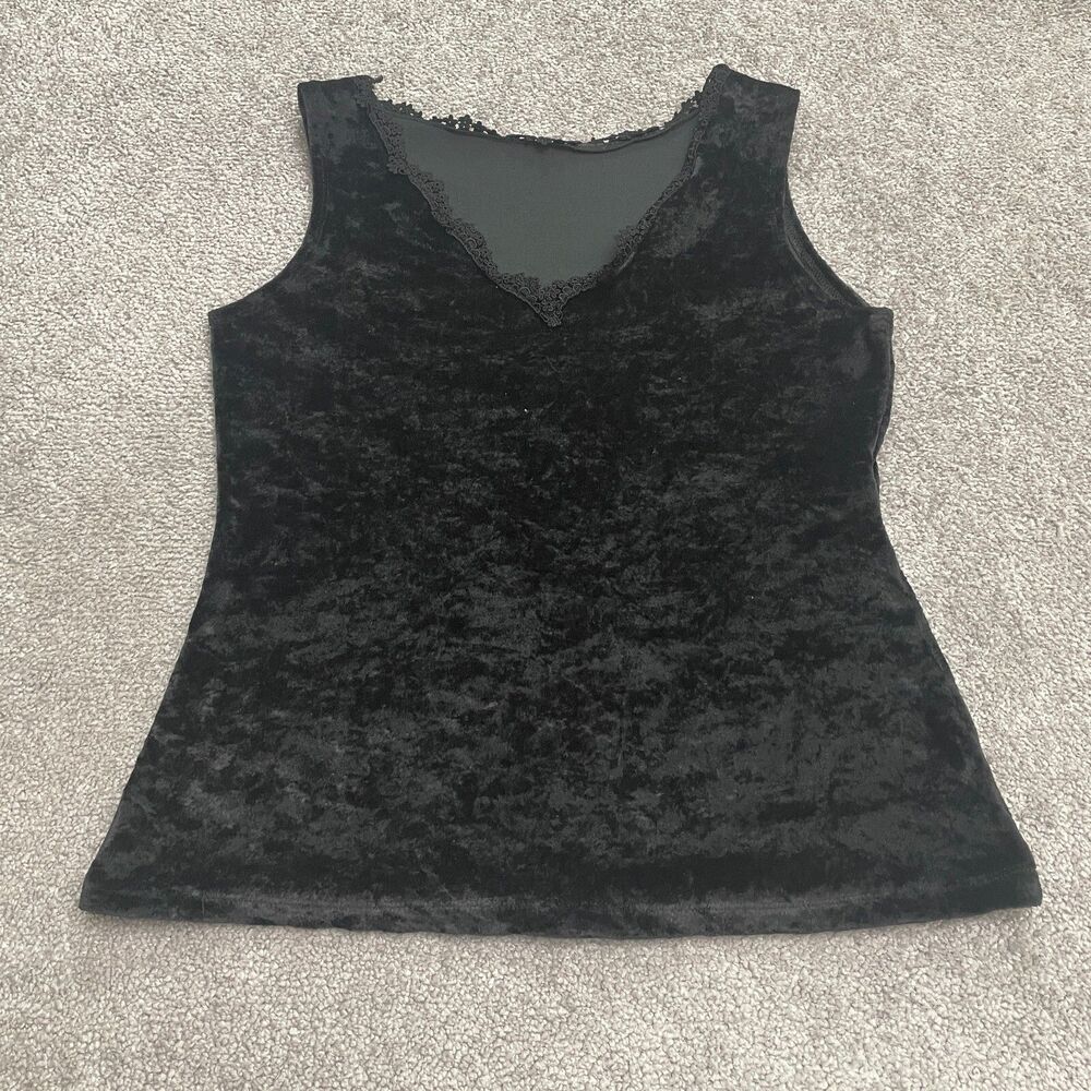 Worn Out Vintage Velvet Lace Trim Tank Top Womens Medium Black V-Neck Casual